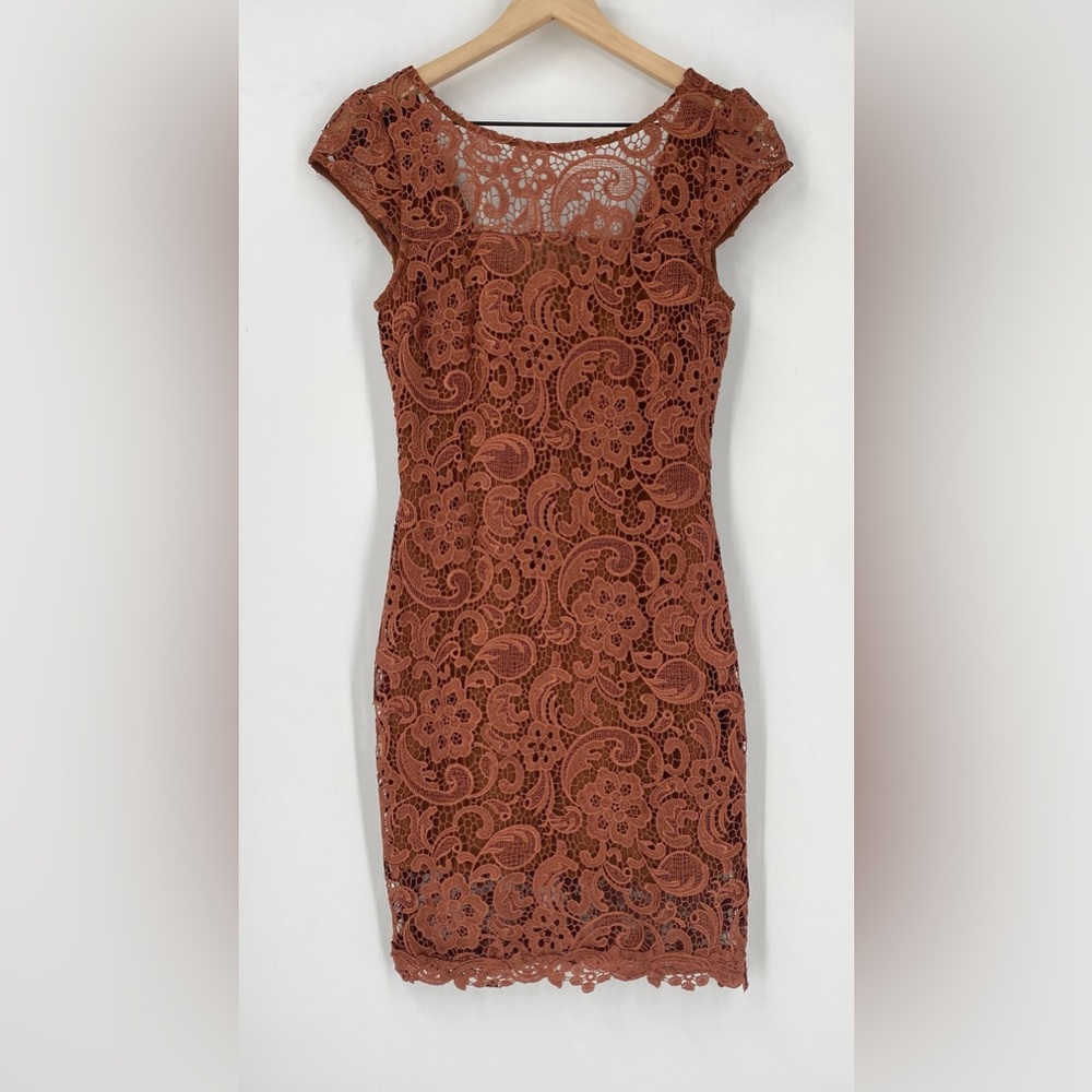 Line & Dot Classic Lace Mini Dress Color Rust